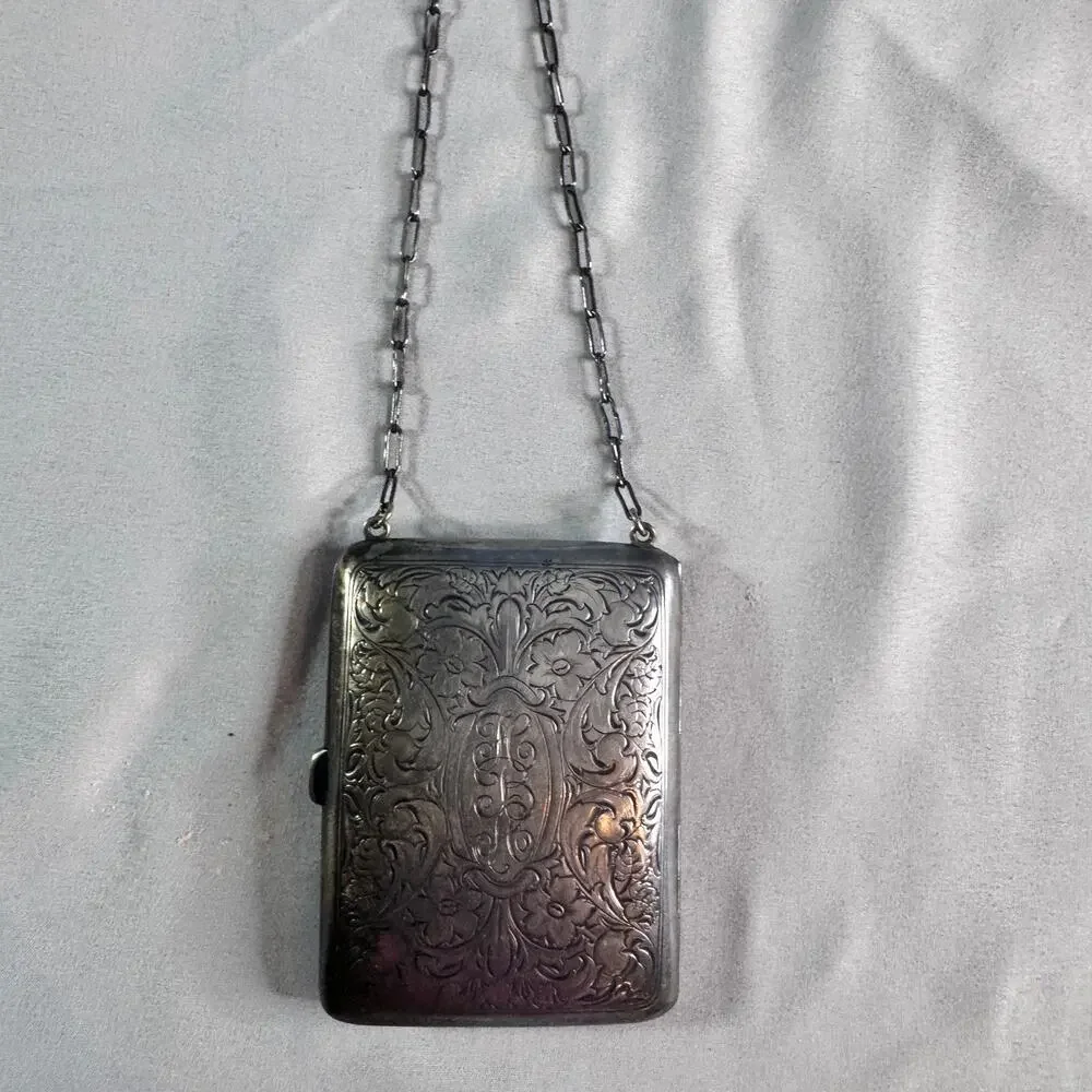 Antique Sterling Silver 757 Dance Compact Finger Chain Engraved Monogram Vanity